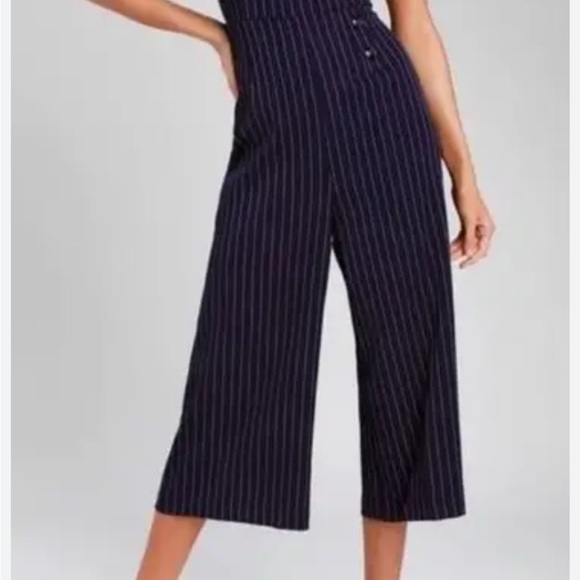 Essue Navy Pinstripe Wide Leg Jumpsuit | Button Detail | Size M - Picture 4 of 7